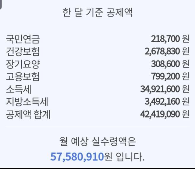 월급 1억 받는 직장인 실수령액