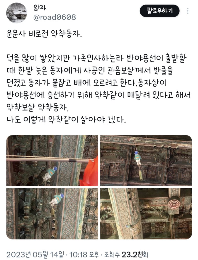 절 천장에 악착같이 매달려있는 동자