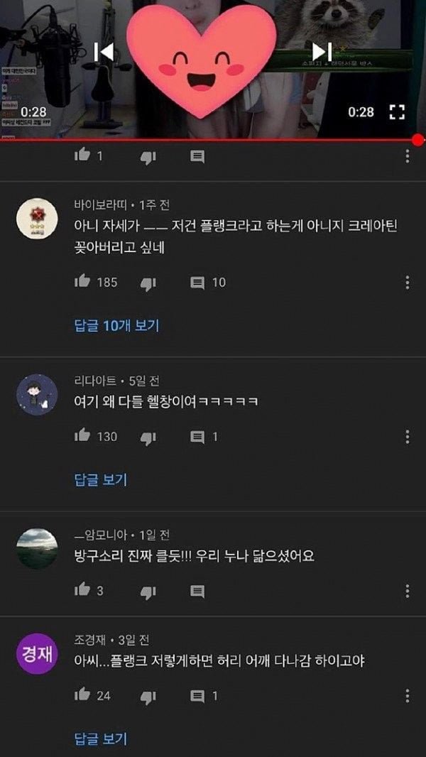 몸매좋은 여자유튜버 영상에 쇄도하는 댓글