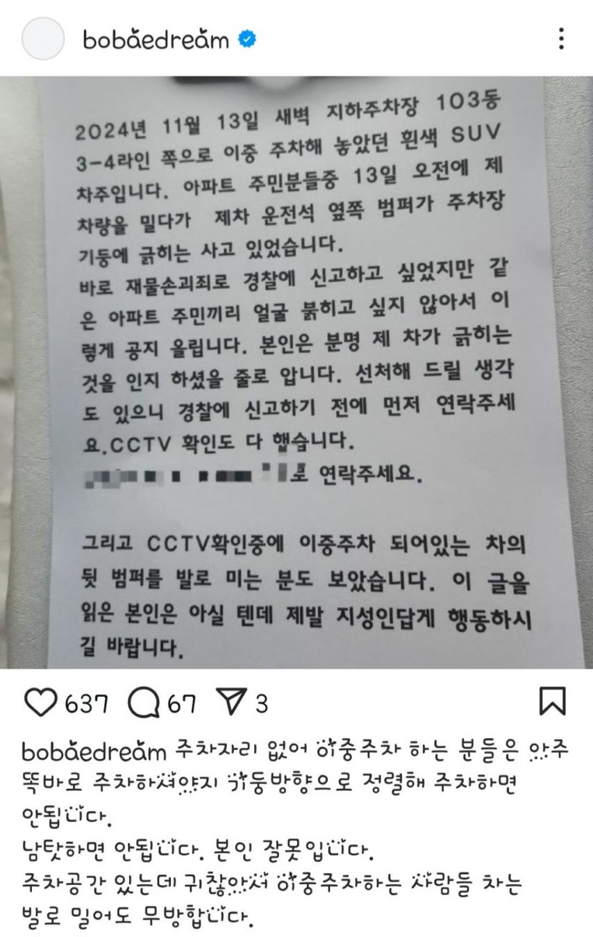 선처해 주겠다는 이중주차 차주