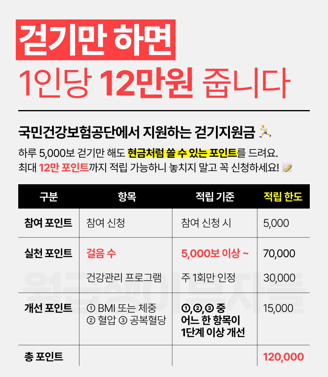 걷기만 하며면 1인당 12만원 국민건강보험에서 줍니다