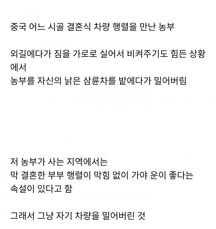 외길에서 결혼식 차량을 만난 중국 농부의 행동
