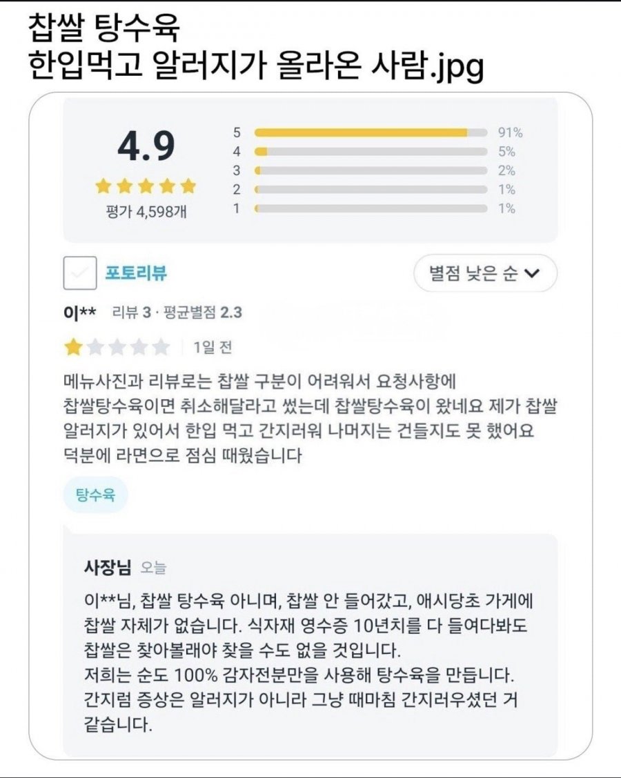 찹쌀 탕수육 한입먹고 알러지가 올라온 사람