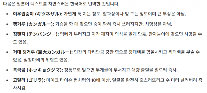 다양한 동물의 펀치 힘