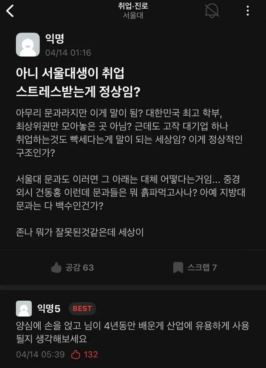 취업시장 상황에 멘탈터진 서울대생