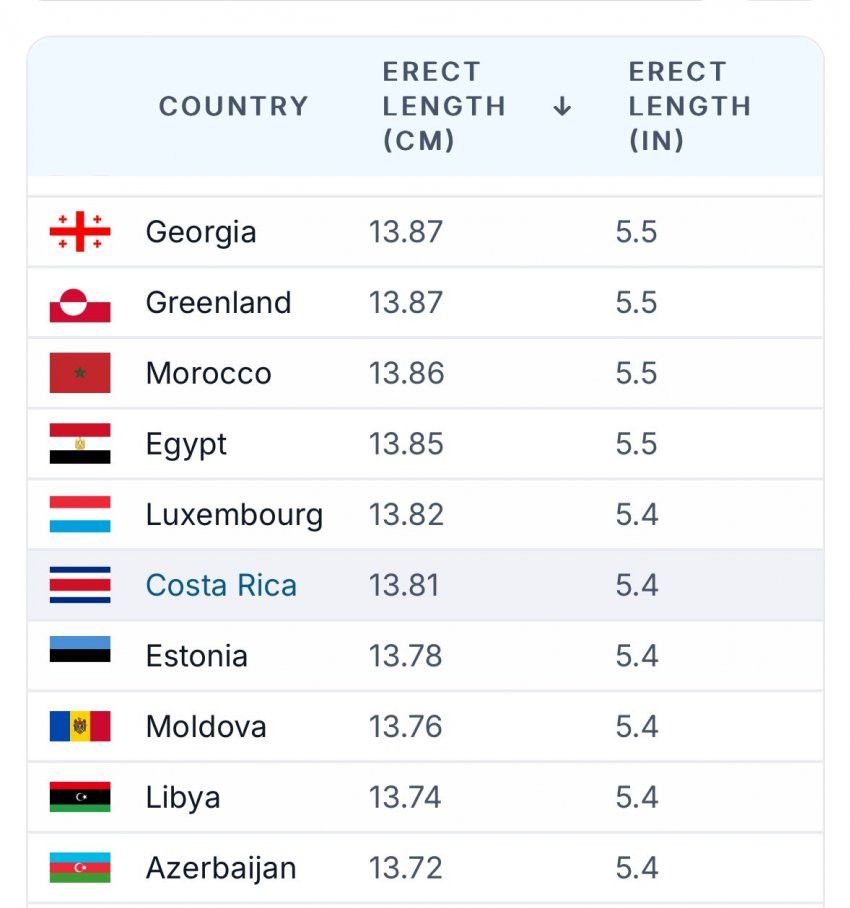 최근 발표된 전세계 남자 성기크기 순위