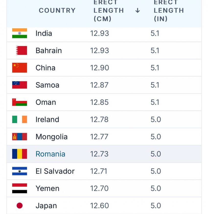 최근 발표된 전세계 남자 성기크기 순위