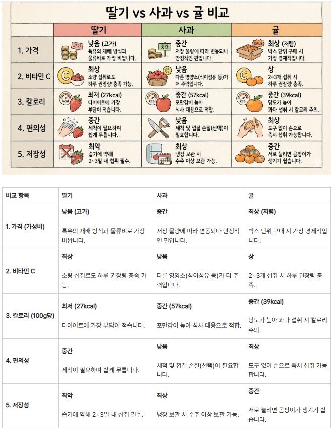 딸기 vs 사과 vs 귤 비교