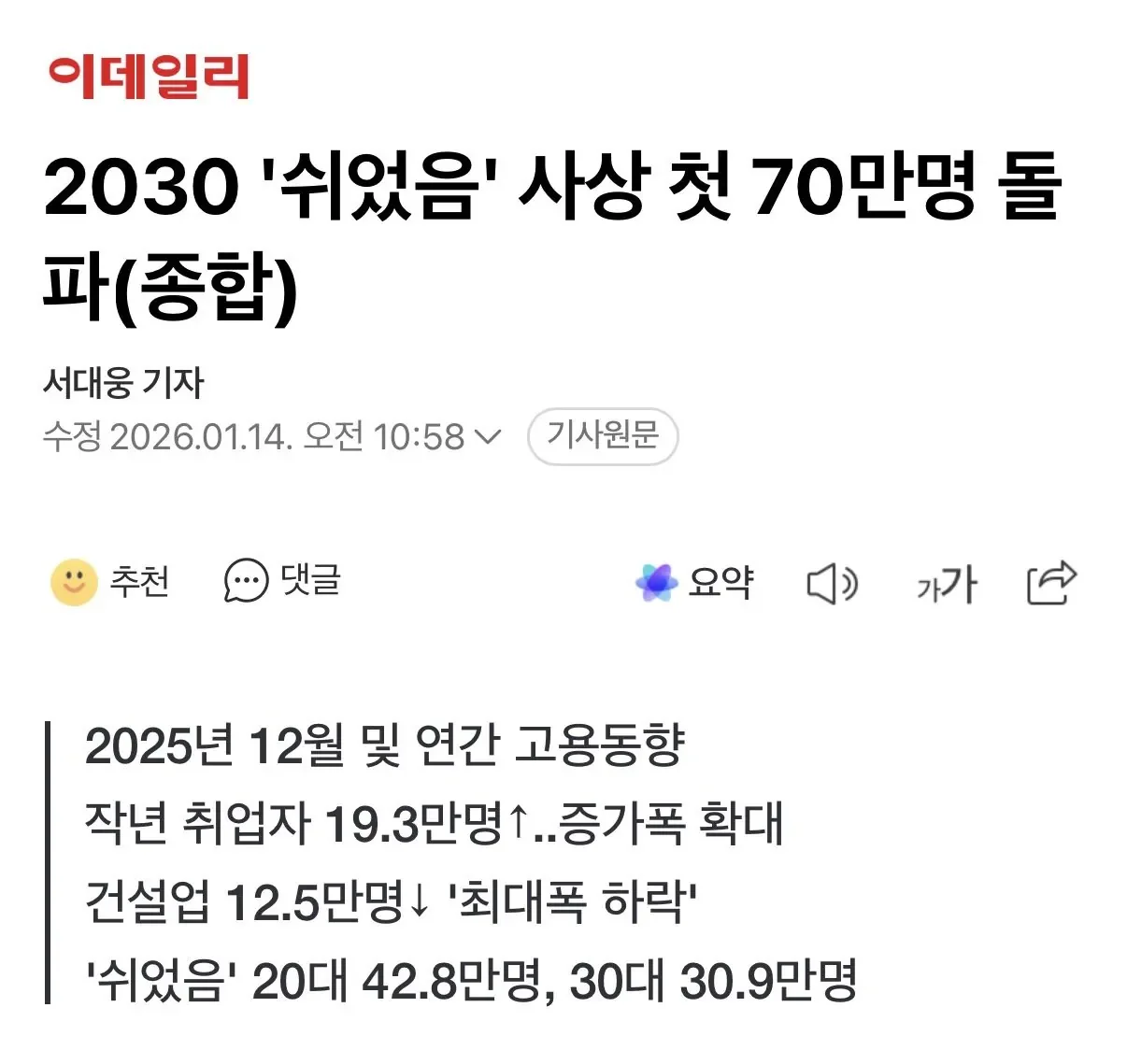 2030 쉬었음 청년 사상 첫 70만명 돌파 ㄷ
