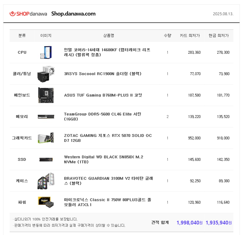 2025년 8월 13일 vs 2026년 1월 10일 컴퓨터 견적