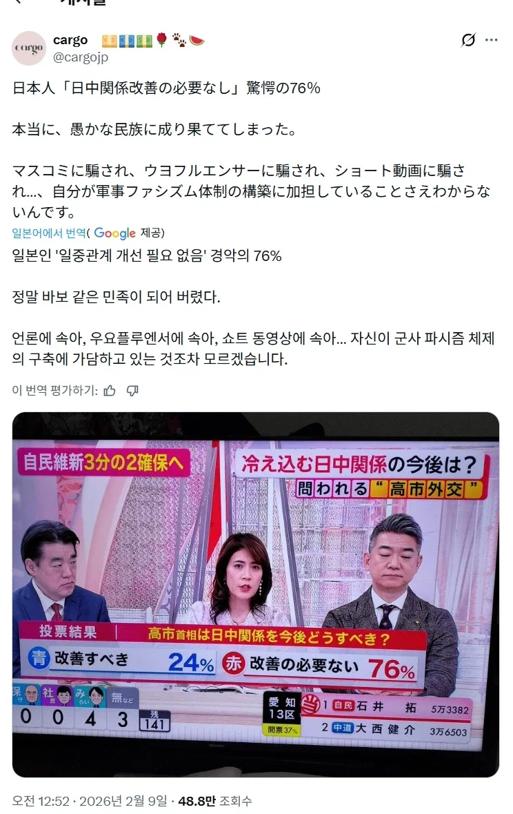 일본인 '일중관계 개선 필요 없음' 경악의 76%